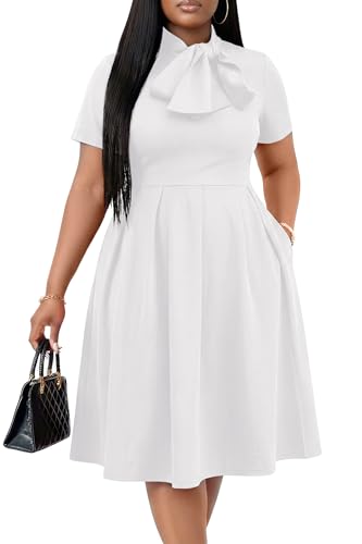 Image of FANDEE Midi Dress for Women Casual Short Sleeve A-line Semi Formal Fit and Flare Dress Classy Tie Neck Work Business Dresses