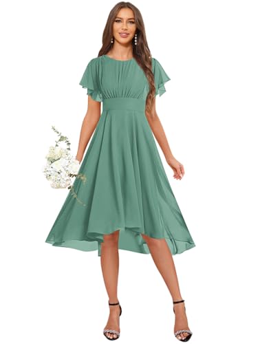 GUKARLEED Women’s Flutter Scoop Neck Bridesmaid Dresses with Sleeves High Low Knee Length Formal Dress Wedding Guest Dress