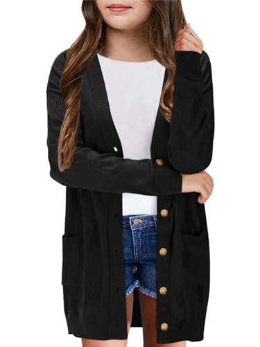 Image of Girls Cardigans Kids Fashion Open Front Long Sleeve Knit Sweaters Outerwear with Pockets 5-14 Years Black
