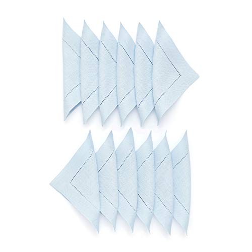 Solino Home 100% Linen Cocktail Napkins Light Blue, 6 x 6 in, Set of 12