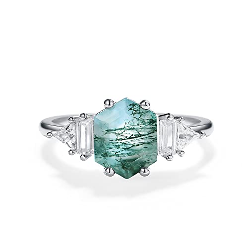 Natural Moss Agate Gemstone Rings for Women Solid 925 Sterling Silver Ring for Women Trendy Hexagon Engagement Wedding2