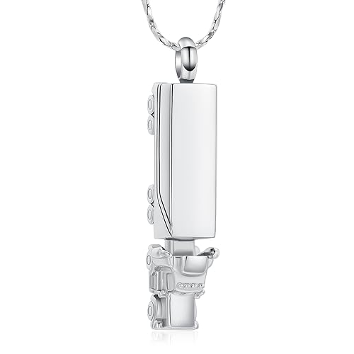 Imrsanl Urn Necklace for Ashes for Men Adults Stainless Steel 18 Wheeler Semi Truck Cremation Jewelry Urn Pendant Ashes Holder Memorial Locket (Silver)