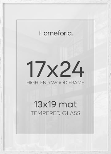 Image of Homeforia 17x24 White Picture Frame, High End Oak 17x24 White Wooden Poster Frames with Mat 13x19 for Print, 17 x 24 Wood Frame Matted to 13 x 19 Photo, 24x17 Frame, Tempered Glass, Wall Kit, Set of 2