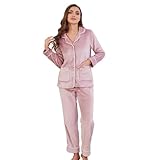 EK4YDNDS Women Fleece Pajama Set, Long Sleeve Button-Down Soft Comfy Two-Piece Sleepwear Lounge Set(Light Pink,L)