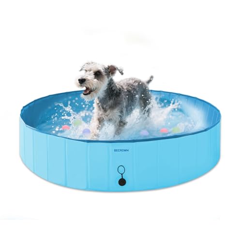 BECROWM Foldable Dog Pool,Outdoor Pools with 6 Silicone Balls,Portable Dog Pools for Large Dogs,Hard Plastic Pool for Dogs Swimming in Summer (Blue, Small-32' x 8')