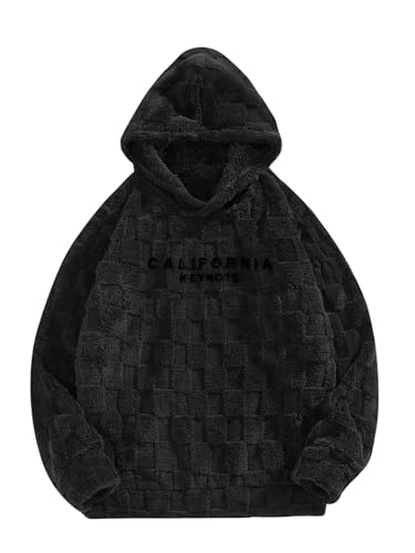 SOLY HUX Hoodies for Men Fuzzy Sherpa Pullover Letter Graphic Embroidery Long Sleeve Fall Winter Fleece Hooded Sweatshirt Black Letter X-Large