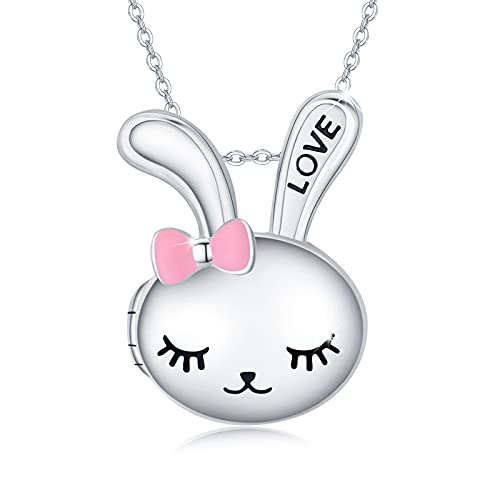 Rabbit Locket Necklace 925 Sterling Silver Bunny Photo Lockets That Holds Pictures Personalized Jewelry Gift For Women Girls Wife Girlfriend Birthday Anniversary Easter Mother's Day #TOP23