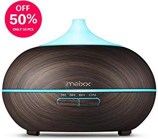 Essential Oil Diffuser-MEIXX 300ml Aroma Diffuser Ultrasonic Cool Mist Humidifier with 14 Light Colors Mist Mode Adjustment and Waterless Auto Shut-off Function for Home, Office (Dark Brown)
