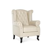 Chesterfield Wingback Fireside Cream Faux Leather Chair - High Backed & Seat, Durable Non-Cracking PU, Sturdy Queen Anne Winged Armchairs for Living Room Conservatory Bedroom Reading Chairs