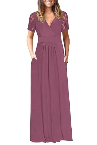 Image of AUSELILY Maxi Dresses for Women Summer Lace Short Sleeve V Neck Wrap Dress | Lace Short Sleeve, Two Pockets, V-Neck Wrap Waist Long Dress