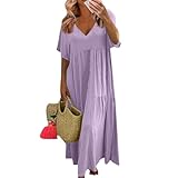 Linen Casual Summer Dress for Women 2025 V Neck Short Sleeve Flowy Pastel Long Linen Dress Flowy Comfy House Maternity Dresses Curvy Plus Size Long Dresses Fashion Maxi Sundress for Women