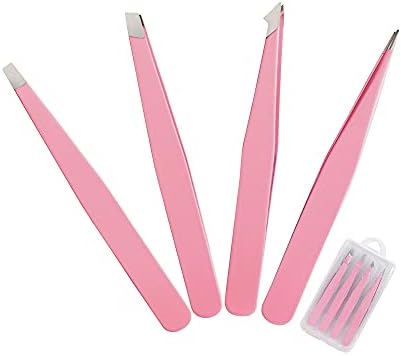 Tweezers Set 4-piece, Professional Stainless Steel Tweezers, Precision Tweezers for Eyebrows , Facial Hair, Ingrown Hair, Splinter, Blackhead Remover (PINK)