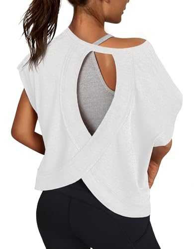 3rd hill Women Open Back Workout Shirts Short Sleeve Tops Casual Yoga Y2k Athletic Gym Running Crop Tees White M