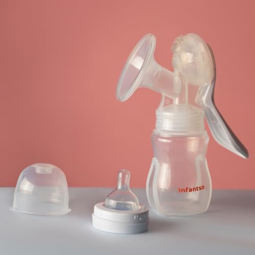 Image of Infantso Manual Breast Pump, 3 Level Suction Adjustment, easy massage cushion & ergonomic handle for easy & painless breast milk expression, 2 Soft Check Valves free, Soft & Gentle, BPA Free