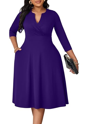 Image of Runwind Women's Plus Size Midi Dress 3 /4 Sleeve Fit and Flare Cocktail Dresses Casual V-Neck Dress with Pockets