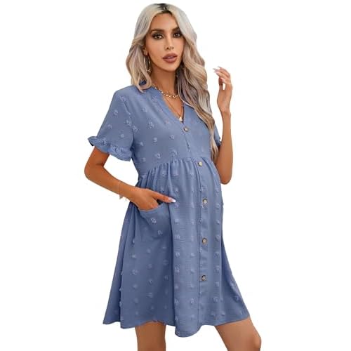 KOJOOIN Maternity Swiss Dot Dress Summer V Neck Short Sleeve Button Down Mini Dress Baby Shower Photoshoot with Pockets, Medium, Grey Blue