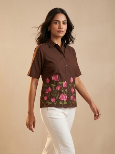 Image of Stylish Women's Embroidered Shirts | Geometric Pattern Half Sleeve Collared Button-Up Casual Shirt for Women