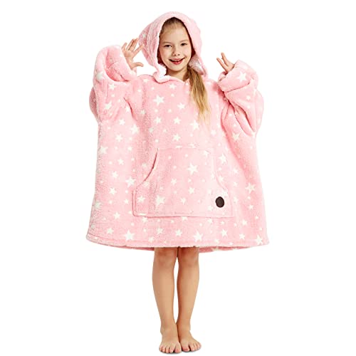 THREE POODLE Wearable Blanket Hoodie for Kids, Oversized Sherpa Sweatshirt Blanket with Giant Hood, Warm Cozy Hooded Blanket, Cute Gifts for Kids Girls Boys