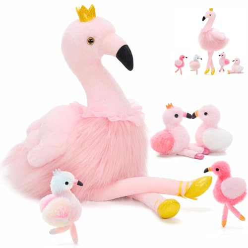 MorisMos Pink Flamingo Stuffed Animal with 4 baby Bird Plush
