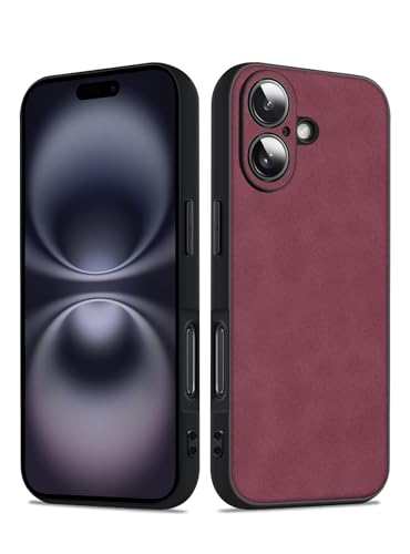 Coque iPhone 16 de luxe en daim PU chic et antichoc rouge vin