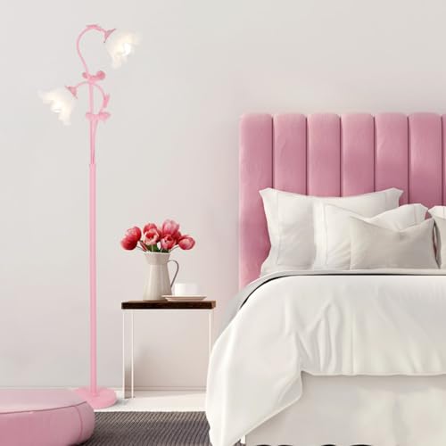 Image of HMVPL Pink Flower Floor Lamp, Floral Standing Lamp with 2 LED 5W Blubs, Foot Switch, Modern Corner Tall Lamp with Acrylic Shade, Girls Cute Floor Lamp for Living Room Bedroom Office Kids Reading