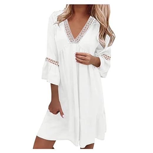 Susenstone Robes en Dentelle Femmes Fête Mariage Manches 3/4 Été Col V Robe Mi-Longue Décontractée Courtes Gradient Imprimé Coupe Ample Plage Vacances d'été Une Ligne Évasée Swing #09 Blanc XXL