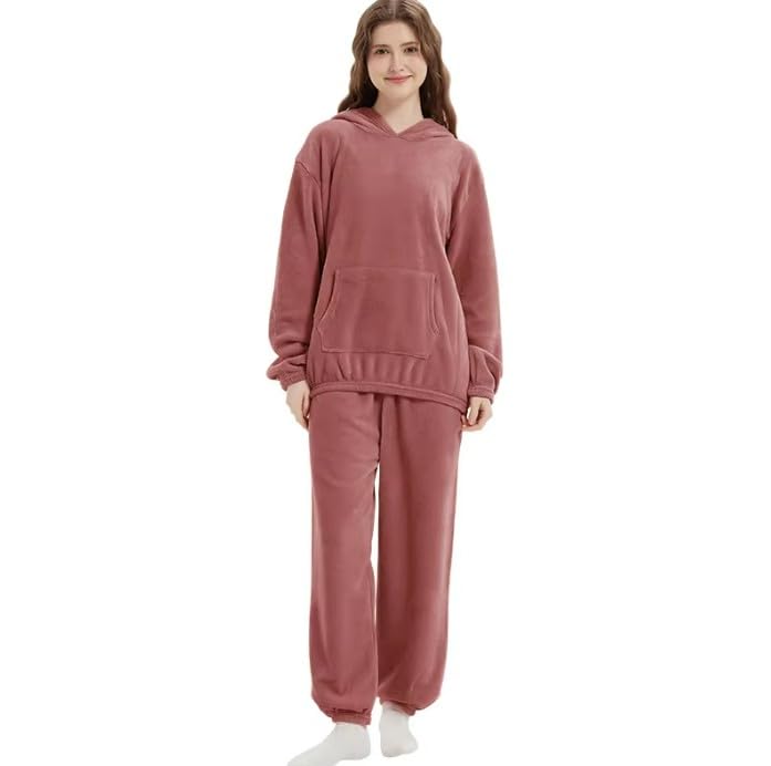 DISOLVE Hooded Fluffy Pajama Set for Women Winter Warm 2 Piece Fleece Pullover Loose Coral Soft Fuzzy Loungewear Sleepwear DISOLVE Hooded Fluffy Pajama Set for Women Winter Warm 2 Piece Fleece Pullover Loose Coral Soft Fuzzy Loungewear Sleepwear