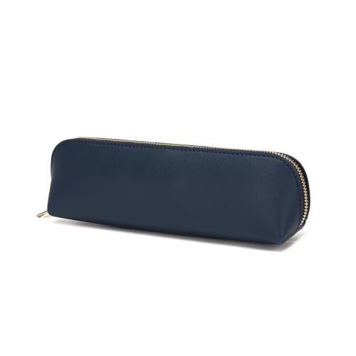 Image of Pencil Case Small Pencil Pouch Slim Zipper Pen Holder School Office College(Navy Blue,Faux Leather)