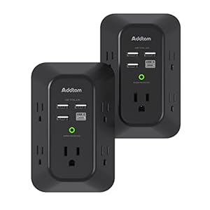 2 Pack Addtam USB Wall Charger Surge Protector, 5 Outlet Extender with 4 USB Charging Ports (1 USB C Outlet) 3 Sided 1800J Power Strip Multi Plug Outlets, Wall Adapter Spaced for Home Office, Black