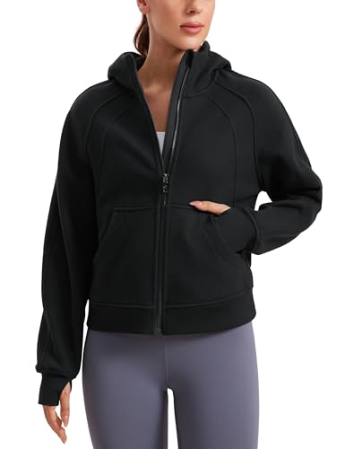 CRZ YOGA Womens Fleece Lined Full Zip Hoodies Oversized Long Sleeve Casual Workout Hooded Sweatshirt with Thumb Holes