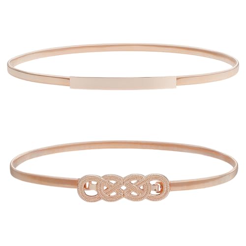 OLYCRAFT 2Pcs 2 Styles Skinny Metal CInch Belt Alloy Thin Light Gold Stretch Spring Waist Belt Stretch Elastic Pendant Chain Belts Stretchy Saree CInch Belts for Women's Dress Decoration