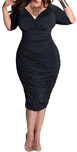 Yajedo Women's Plus Size Bodycon Sexy V Neck Short Sleeve Ruched Cocktail Midi Dresses