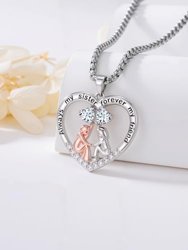 Always My Sister Forever My Friend Necklace Double Birthstone Pendant Necklace Love Heart Jewelry Christmas Birthday Gifts for Women Sister Friend4