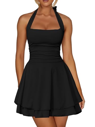 Kaximil Women's Sexy Halter Ruffle Hem Mini Dress Ruched Waist Corset Short Party Dresses
