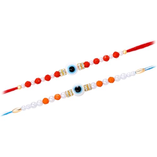 Image of Peora Evil Eye & Crystals Studded Rakhi for Brother Bhaiya | Red Thread | Raksha Bandhan Hamper with Roli Chawal Greeting Card