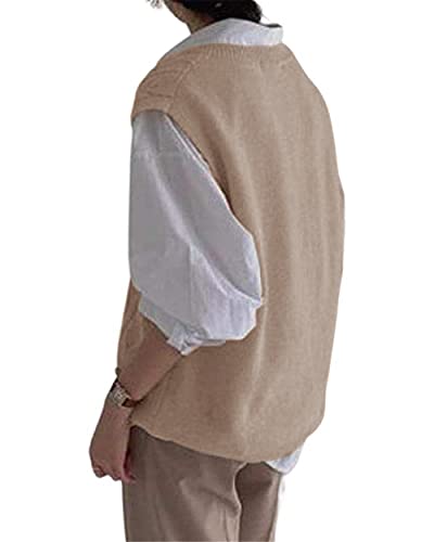 Women's V Neck Sweater Vest Oversized Sleeveless Loose Knit Tops Cable Sleeveless Sweater Khaki #TOP4