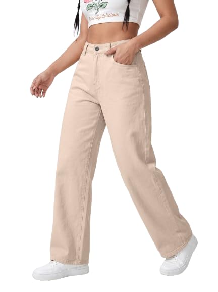Women's Wide Leg Jeans, Cream Washed Denim, High Rise, Relaxed Baggy Fit, Casual Streetwear, High Waist, Beige, Casual Straight Trousers with Pockets-picture-51