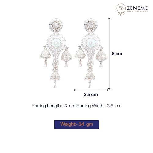 Rhodium-Plated Circular Drop Earrings with American Diamond Studs