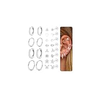 CASSIECA 12 Paar Ohrringe Silber Set, 316L Chirurgenstahl Ohrringe für Damen Herren Medizinische Ohrstecker und Creolen für Mehrfachpiercing 14K Vergoldet Helix Tragus Piercing Ohr Silber