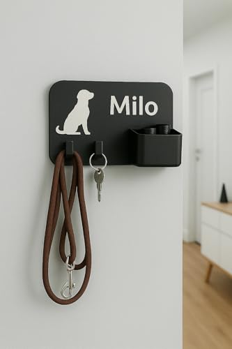 Generisch Personalisierte Hundegarderobe mit Ablage – Große Hunde-Garderobe in Schwarz | Wandhalterung XL für Leinen, Halsbänder & Schlüssel | Individuell gestaltet