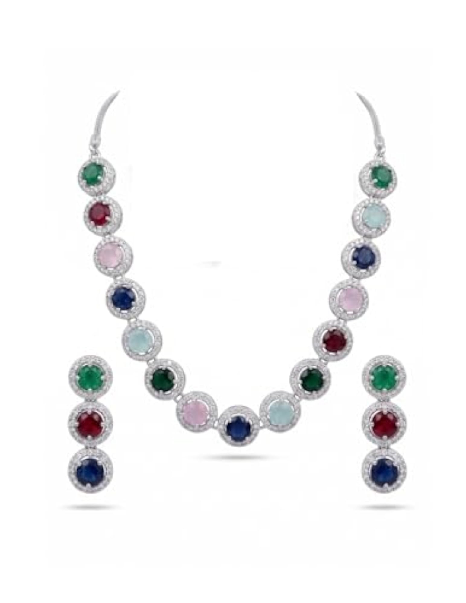 Couture Multicolour CZ Necklace and Earrings Set, Silver-Toned