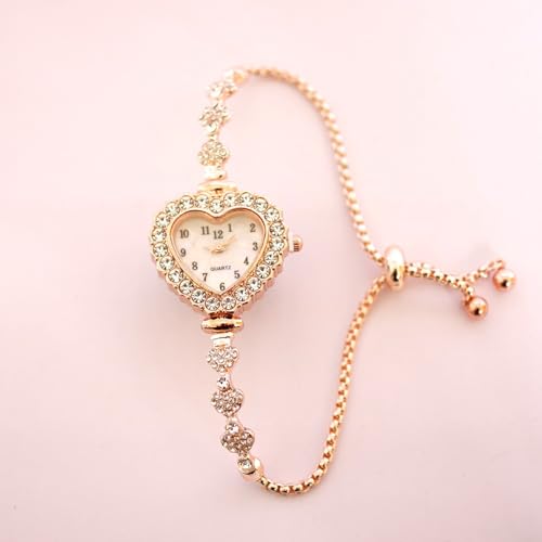 FACAIIO Damen- Herz- Armband, Quarzuhr, Legierung, Edelstahl, verstellbares Armband, Modeschmuck für sie, Roségold (Gold)-7