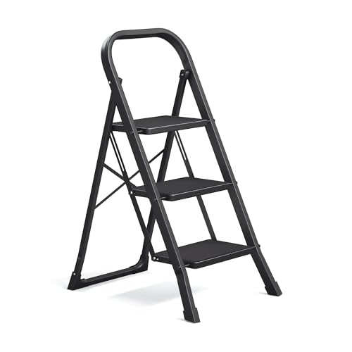 SONGMICS Marchepied 3 Marches Pliable, Escabeau, Verrou de Sécurité, Facile à Ranger, Charge 150 kg, Noir GSL003BZ01