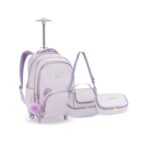 Kit Mochila Rodinha Orelha Gatinho Juvenil Escolar Meninas (ROXO)