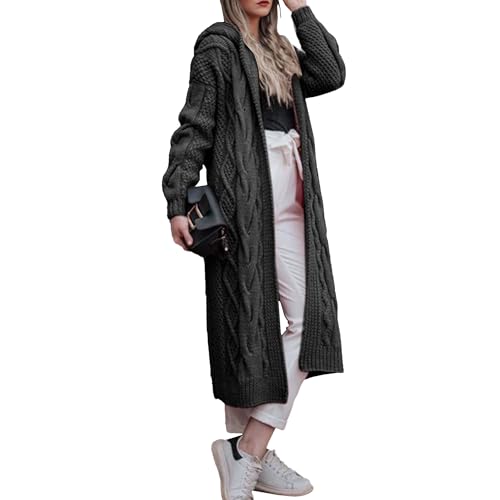 Hooded Open Front Cardigan for Women Oversized Cable Knit Sweaters Chunky Cardigan with Pocketed Floor Length Coat
