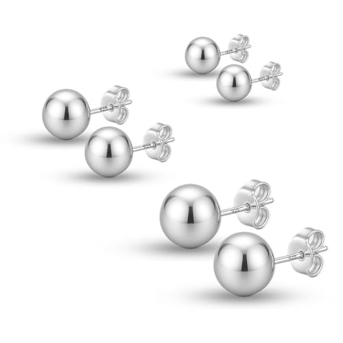 Set of 3 Pairs 925 Sterling Silver Lightweight Ball Post Stud Earrings for Women Teen