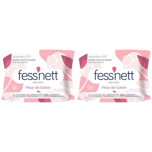 Fess'nett - Papier Toilette Humide Fleur de Coton x50 - Formule testée dermatologiquement 0% parabène 0% phenoxyethanol - Pour Peaux Normales à Sensibles (Lot de 2)