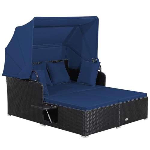 Tangkula Patio Rattan Daybed with Retractable Canopy, Patiojoy Wicker Sun Lounger with 2 Foldable Side Panels, Thick Seat & Back Cushions, for Garden, Backyard, Porch (Navy)