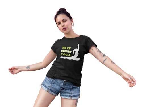 Image of Yoga -The Priority - Yoga Tshirt for Women Workout Black Round Neck Graphic Printed Half Sleeves T Shirt