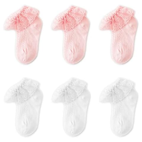 CHUNG Baby Toddler Girls Lace Trimmed Princess Ankle Socks Cotton Mesh Crew Socks Ruffles Pack of 6, Pink White, 6-12M Cover
